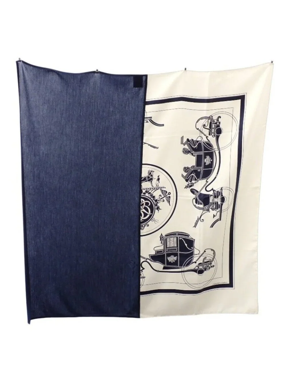 Hermes Carre Hybrid 90 Ex-Libris 02 Scarf Silk Wool Contrast Knit Navy Ivory